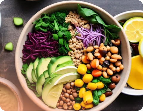 Summer vegan buddha bowl with lemon and tahini dressing